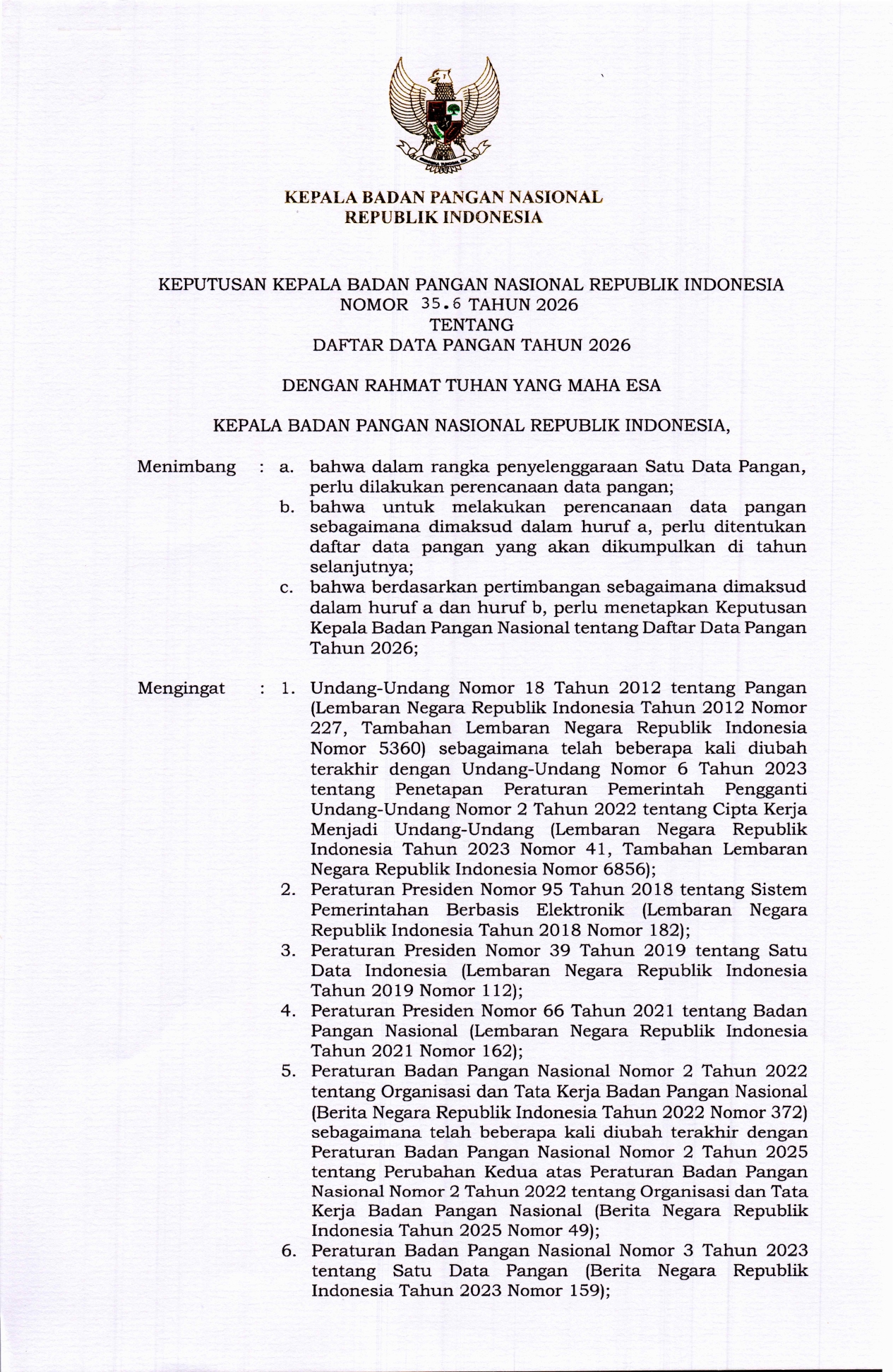 Keputusan Kepala Badan Pangan Nasional Nomor 35.6 Tahun 2026 tentang Daftar Data Pangan Tahun 2026
